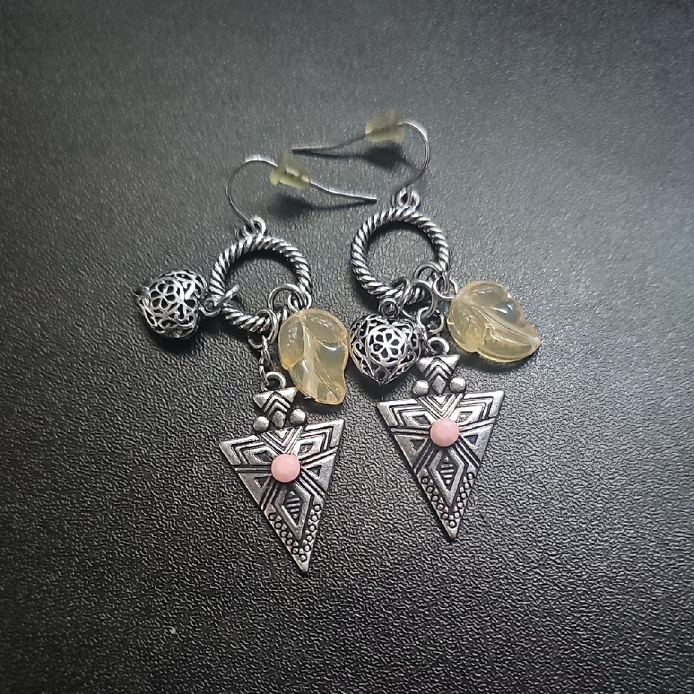 Silver Geometric Triangle Drop Earrings with Pink Accent and Citrine Charm